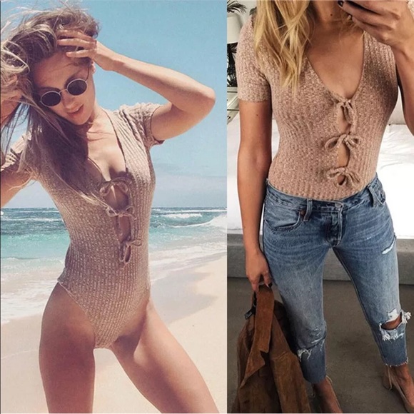 ✨BROWN BODYSUIT-LEOTARD-TIE FRONT-NEW-BOUTIQUE✨ - Picture 3 of 5